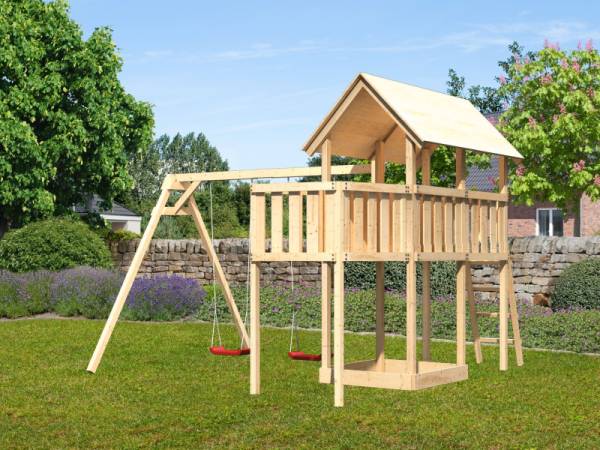 Karibu Spielturm Danny Satteldach + Doppelschaukel + Anbauplattform