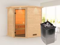 Karibu Sauna Jella inkl. 9 kW Ofen integr. Steuerung mit klassischer Saunatür -mit Dachkranz-