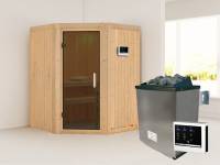 Karibu Sauna Larin- moderner Saunatür- 4,5 kW Ofen ext. Strg- ohne Dachkranz