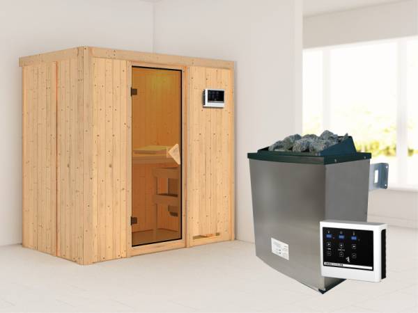 Karibu Sauna Variado- klassische Saunatür- 4,5 kW Ofen ext. Strg- ohne Dachkranz