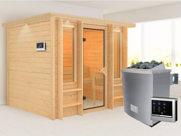 Karibu Sauna Ilona mit Dachkranz 40 mm Premium- mit 9 kW Ofen Ext. Strg Karibu Sauna Ilona mit Dachkranz 40 mm Premium- mit 9 kW Ofen Ext. Strg