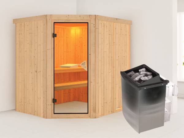 Karibu Sauna Siirin 68 mm- klassische Saunatür- 4,5 kW Ofen integr. Strg- ohne Dachkranz