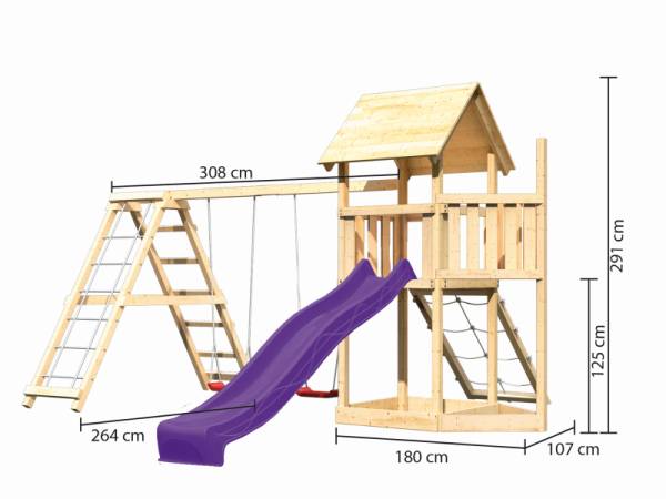 Akubi Spielturm Lotti Satteldach + Schiffsanbau oben + Doppelschaukel mit Klettergerüst + Netzrampe + Rutsche in violett