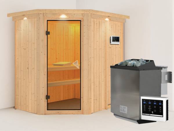 Karibu Sauna Carin- klassische Saunatür- 4,5 kW Bioofen ext. Strg- mit Dachkranz