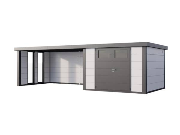 Telluria Metall-Gerätehaus Classico 3030 Weiß mit XL Lounge links, inkl. 2 Fenster