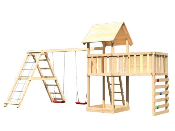 Akubi Spielturm Lotti Satteldach + Doppelschaukelanbau Klettergerüst + Anbauplattform XL + Kletterwand