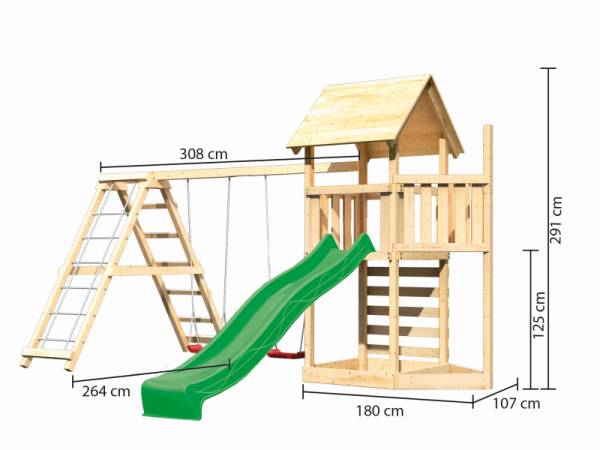 Akubi Spielturm Lotti Satteldach + Schiffsanbau oben + Doppelschaukel mit Klettergerüst + Kletterwand + Rutsche in grün