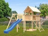 Akubi Spielturm Danny Satteldach + Rutsche blau + Doppelschaukel + Anbauplattform XL + Netzrampe