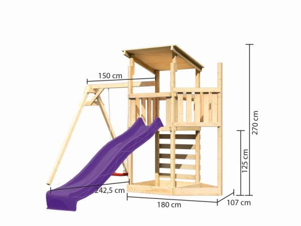 Akubi Spielturm Anna + Rutsche violett + Einzelschaukel + Kletterwand + Schiffsanbau oben