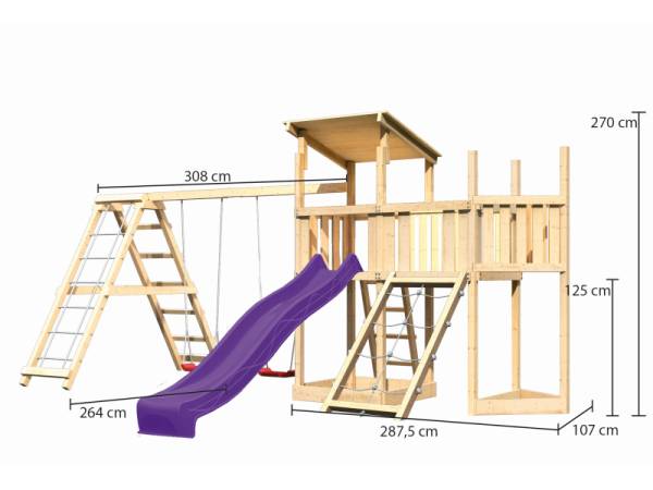 Akubi Spielturm Anna + Rutsche violett + Doppelschaukelanbau Klettergerüst + Anbauplattform + Netzrampe + Schiffsanbau oben