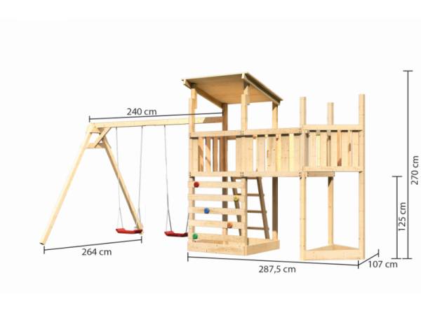 Akubi Spielturm Anna + Doppelschaukel + Anbauplattform + Kletterwand + Schiffsanbau oben