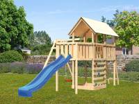 Akubi Spielturm Danny Satteldach + Rutsche blau + Einzelschaukel + Anbauplattform + Kletterwand