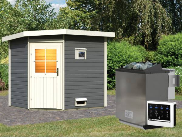 Karibu Saunahaus Mayla 38 mm mit 9 kW Bioofen Ext. Strg terragrau Karibu Saunahaus Mayla 38 mm mit 9 kW Bioofen Ext. Strg terragrau