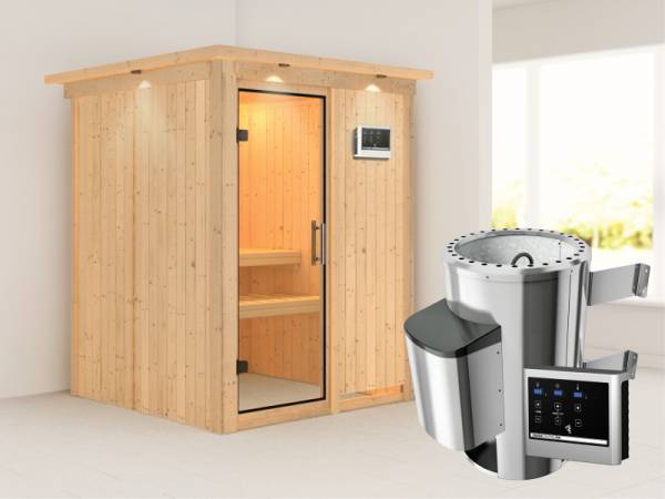 Minja - Karibu Sauna Plug & Play 3,6 kW Ofen, ext. Steuerung - mit Dachkranz - Klarglas Ganzglastür
