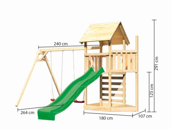 Akubi Spielturm Lotti Satteldach + Schiffsanbau oben + Doppelschaukel + Kletterwand + Rutsche in grün