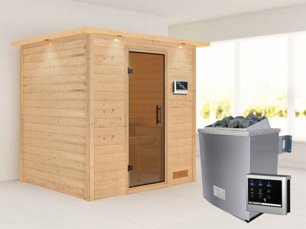 Karibu Woodfeeling Sauna Anja - Moderne Saunatür - 4,5 kW Ofen ext. Strg. - mit Dachkranz