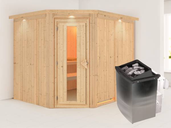 Karibu Sauna Malin inkl. 9-kW-Ofen mit interner Steuerung, mit Dachkranz, mit energiesparender Saunatür
