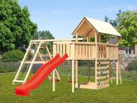 Akubi Spielturm Danny Satteldach + Rutsche rot + Doppelschaukelanbau Klettergerüst + Anbauplattform XL + Kletterwand