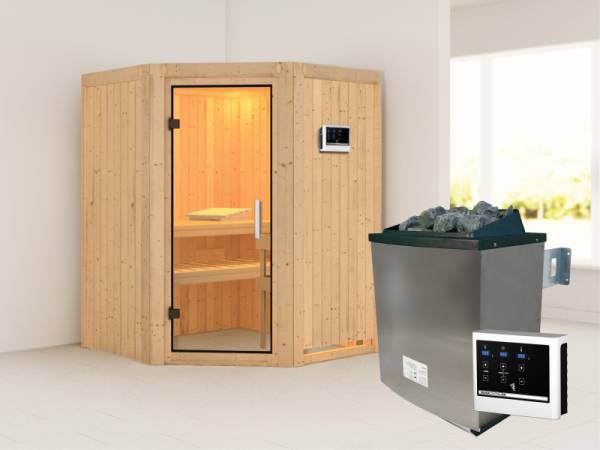 Karibu Sauna Larin- Klarglas Saunatür- 4,5 kW Ofen ext. Strg- ohne Dachkranz