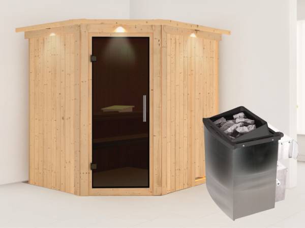 Karibu Sauna Siirin inkl. 9 kW Ofen integr. Steuerung mit moderner Saunatür -mit Dachkranz-