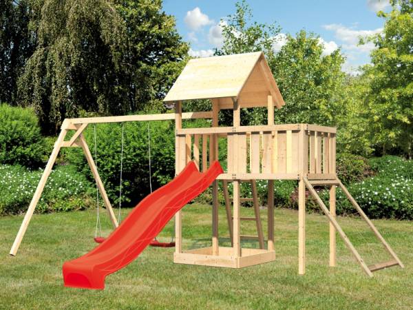 Akubi Spielturm Lotti Satteldach + Rutsche rot + Doppelschaukel + Anbauplattform + Netzrampe Akubi Spielturm Lotti Satteldach + Rutsche rot + Doppelschaukel + Anbauplattform + Netzrampe