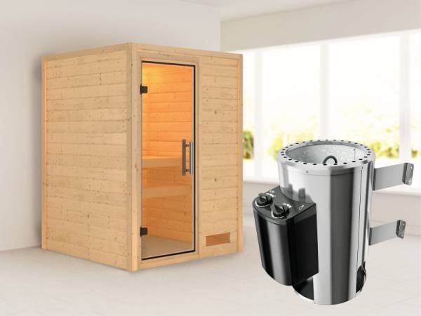 Nadja - Karibu Sauna Plug &amp; Play 3,6 kW Ofen, int. Steuerung - ohne Dachkranz - Klarglas Ganzglastür