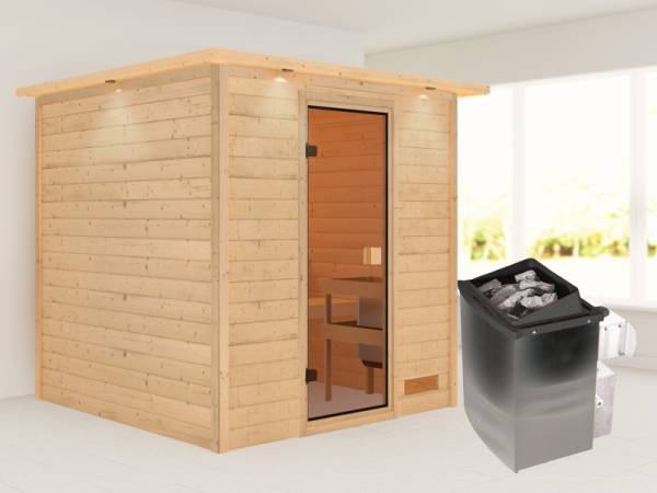 Karibu Sauna Jara inkl. 9 kW Ofen integr. Steuerung mit klassischer Saunatür -mit Dachkranz-