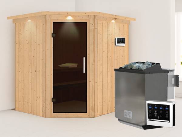 Karibu Sauna Siirin 68 mm- moderne Saunatür- 4,5 kW Bioofen ext. Strg- mit Dachkranz