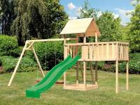 Akubi Spielturm Lotti natur mit Anbauplattform XL, Doppelschaukel und Rutsche grün