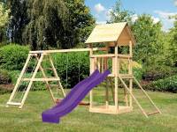 Akubi Spielturm Lotti- Doppelschaukel mit Klettergerüst, Netzrampe und Rutsche in violett