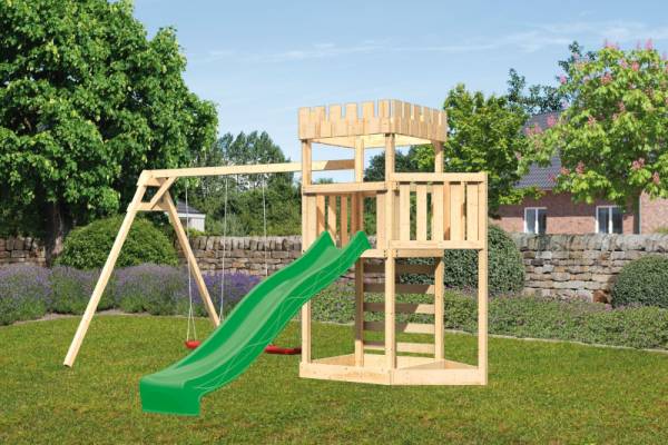 Akubi Ritterburg Löwenherz + Rutsche + Doppelschaukel + Kletterwand + Schiffsanbau oben