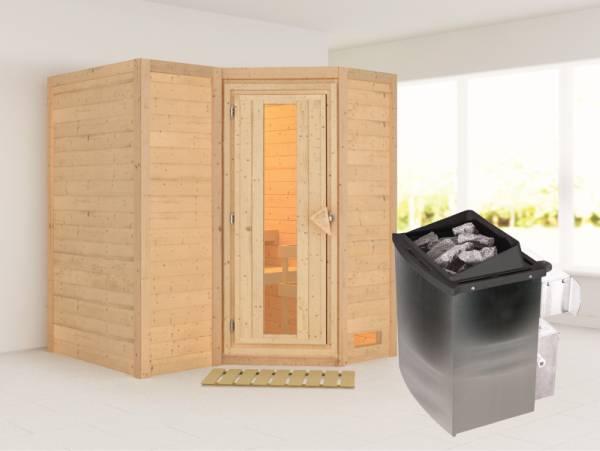 Karibu Sauna Sahib 1 inkl. 9 kW Ofen integr. Steuerung, mit energiesparender Saunatür -ohne Dachkranz-