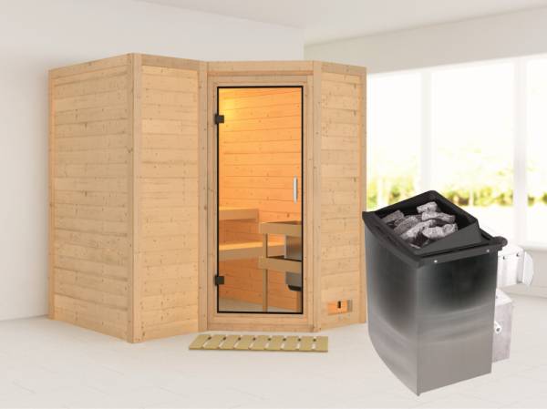 Karibu Sauna Sahib 1 inkl. 9 kW Ofen mit integr. Steuerung, mit Klarglas-Ganzglastür -ohne Dachkranz-