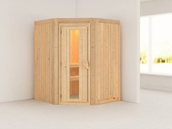 Karibu Sauna Larin ohne Ofen, ohne Dachkranz, mit energiesparender Saunatür Karibu Sauna Larin ohne Ofen, ohne Dachkranz, mit energiesparender Saunatür