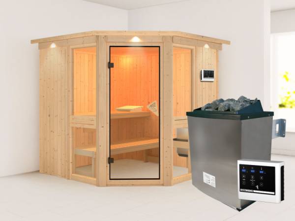 Amelia 2 - Karibu Sauna, inkl. 9 kW Ofen ext. Steuerung - mit Dachkranz -