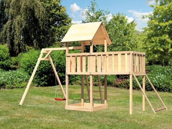 Akubi Spielturm Lotti Satteldach + Einzelschaukel + Anbauplattform XL + Netzrampe Akubi Spielturm Lotti Satteldach + Einzelschaukel + Anbauplattform XL + Netzrampe