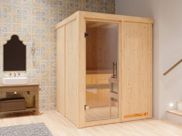 Karibu Sauna Norin inkl. 9kW Ofen und integrierte Steuerung, mit Klarglas-Ganzglastür -ohne Dachkranz-