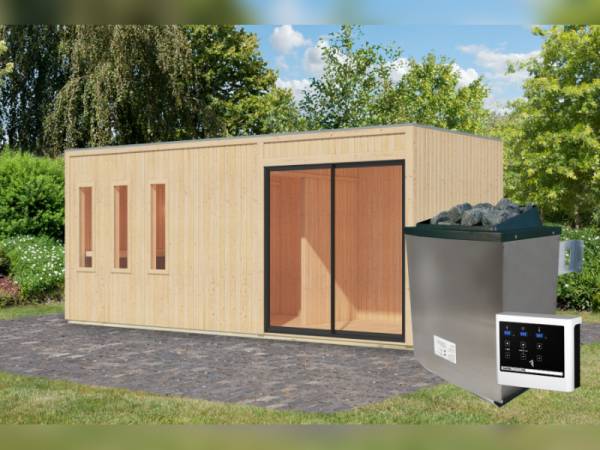 Karibu Saunahaus Monterey, natur, inkl. 9 kW Ofen ext. Steuerung, mit Séparée im Vorraum, 73 mm