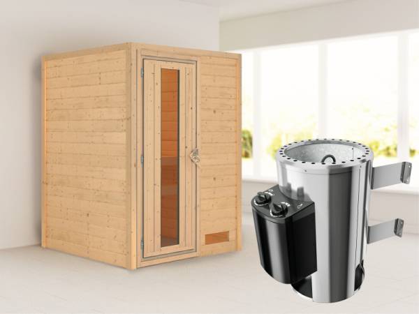 Nadja - Karibu Sauna Plug &amp; Play 3,6 kW Ofen, int. Steuerung - ohne Dachkranz - Energiespartür