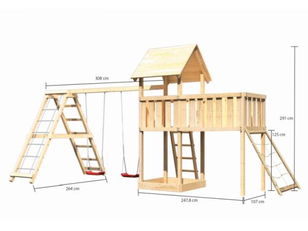 Akubi Spielturm Lotti Satteldach + Doppelschaukelanbau Klettergerüst + Anbauplattform XL + Netzrampe