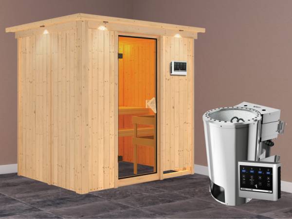 Fanja - Karibu Sauna Plug &amp; Play inkl. 3,6 kW-Bioofen - mit Dachkranz -