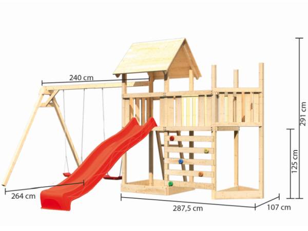 Akubi Spielturm Lotti Satteldach + Schiffsanbau oben + Anbauplattform + Doppelschaukel + Kletterwand + Rutsche in rot
