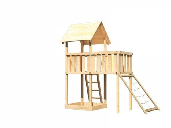 Akubi Spielturm Lotti natur mit Anbauplattform und Netzrampe