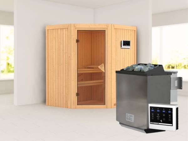 Karibu Sauna Tauriun inkl. 9 kW Bioofen externe Steuerung, mit bronzierter Ganzglastür - ohne Dachkranz -