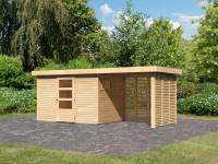 Karibu Woodfeeling Gartenhaus Oburg 4 natur mit Anbaudach 2,4 Meter inkl. Lamellenwände