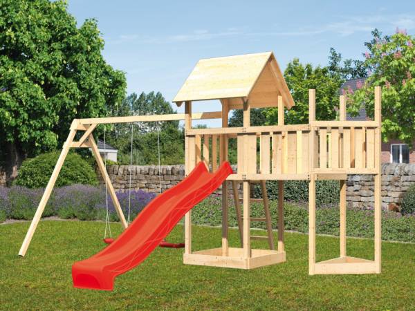 Akubi Spielturm Lotti Satteldach + Schiffsanbau oben + Anbauplattform + Doppelschaukel + Rutsche in rot