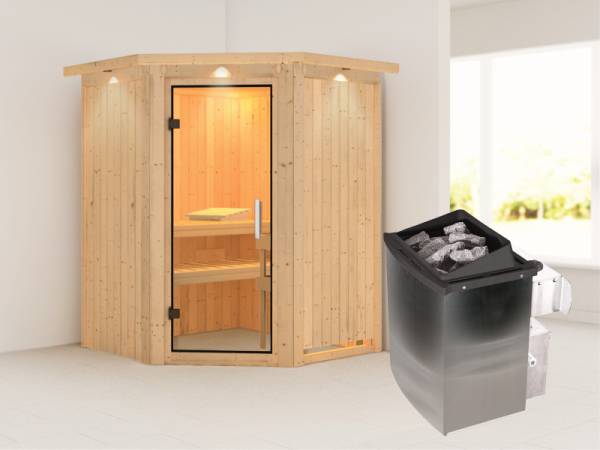 Karibu Sauna Larin- Klarglas Saunatür- 4,5 kW Ofen integr. Strg- mit Dachkranz