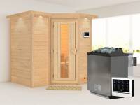 Karibu Sauna Sahib 1 inkl. 9 kW Bioofen ext. Steuerung, mit energiesparender Saunatür -mit Dachkranz-