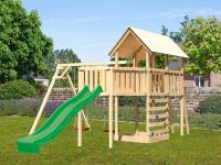 Akubi Spielturm Danny Satteldach + Rutsche grün + Doppelschaukel + Anbauplattform XL + Kletterwand