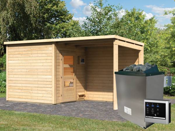 Karibu Saunahaus Pepe 3 38 mm - 9 kW externe Steuerung easy - moderne Tür - Anbaudach 2,4m Karibu Saunahaus Pepe 3 38 mm - 9 kW externe Steuerung easy - moderne Tür - Anbaudach 2,4m